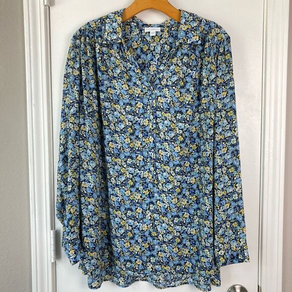 J. Jill Tops - J. Jill Half Button Down Shirt Floral V-neck Blouse Blue Yellow Roses Women’s XL